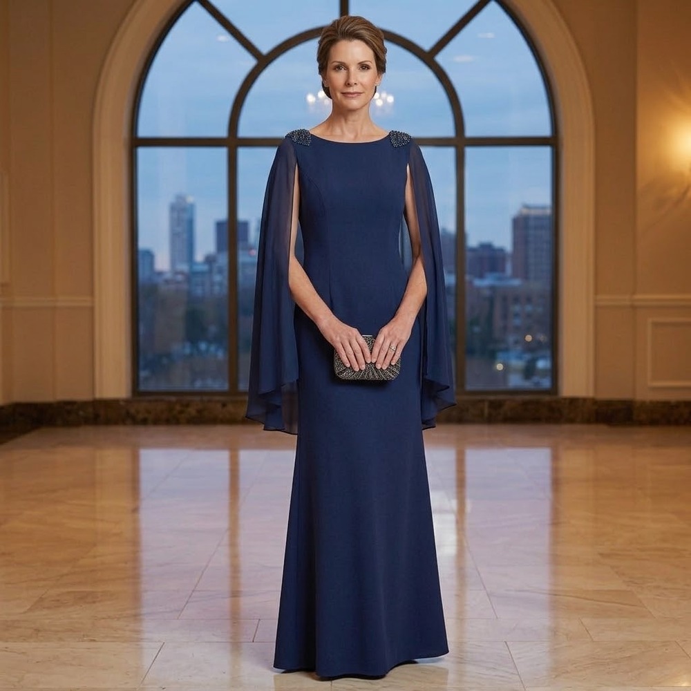SLNY Cape Sleeve Gown Womens 12 Navy Blue Beaded Shoulder Evening Formal Gala